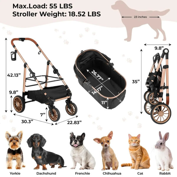 Luxury Small to Medium Dog Stroller - Foldable 2 in 1 Pet Stroller for Dogs up to 55 lbs - Image 4