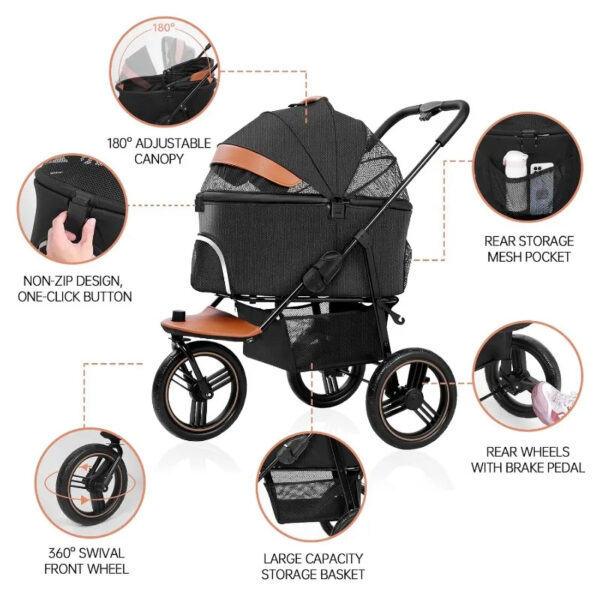 Premium 3 in 1 Zipperless Dog Strollers - 3 Wheels with Detachable Dog Carriage - Image 2