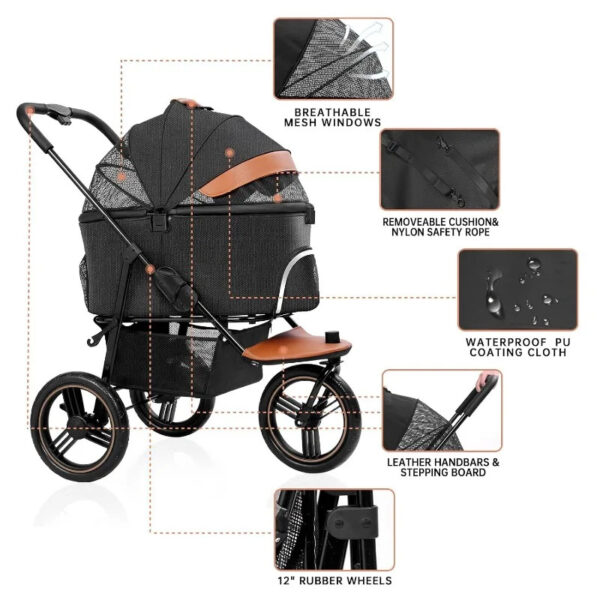 Premium 3 in 1 Zipperless Dog Strollers - 3 Wheels with Detachable Dog Carriage - Image 5
